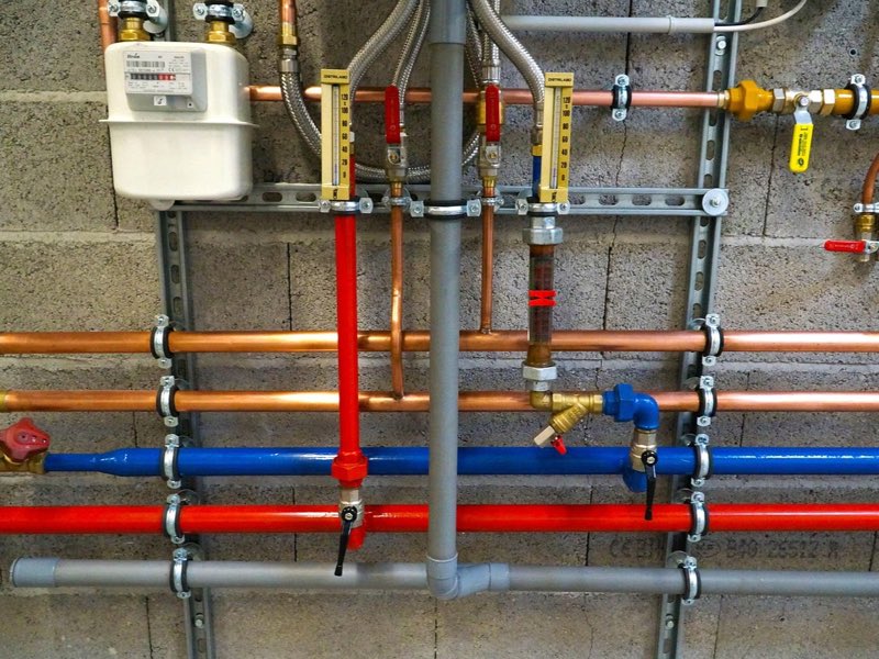 Réseaux neufs sur un mur en parpaings : tubes cuivre, conduites rouge et bleue, vannes et évacuation grise, alignés sur rails